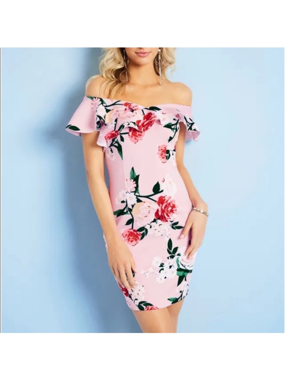 GUESS Pink Floral One-Shoulder Ruffle Bodycon Dress
